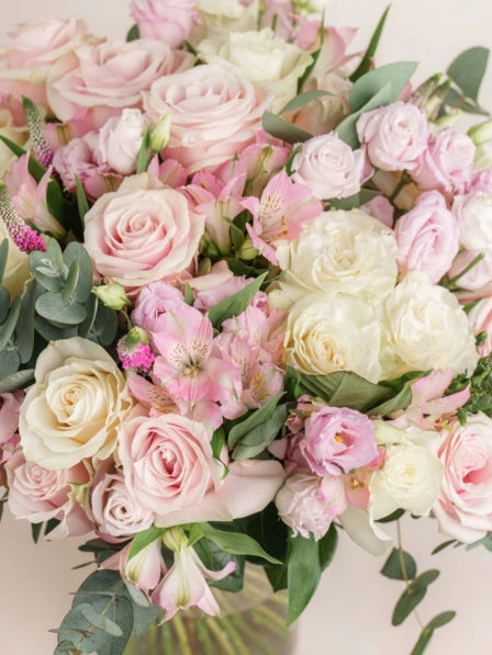 Grand Felice - 55 Stems in a Blush Bouquet with Roses and Eucalyptus