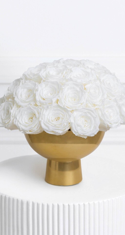 Gold Luna White Preserved Roses in Gold Vase Ode à la Rose