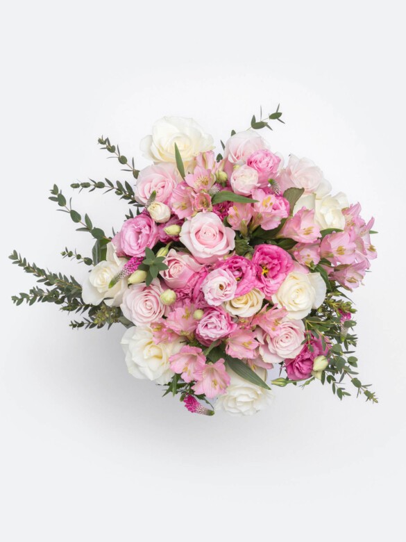 Top view of Felice 36-stem bouquet with lush pink and white blooms, arranged with care for luxurious birthdays, weddings, or elegant home décor.