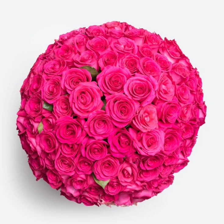 Top view of 100 vibrant Pink Floyd roses, handcrafted for a luxurious look.