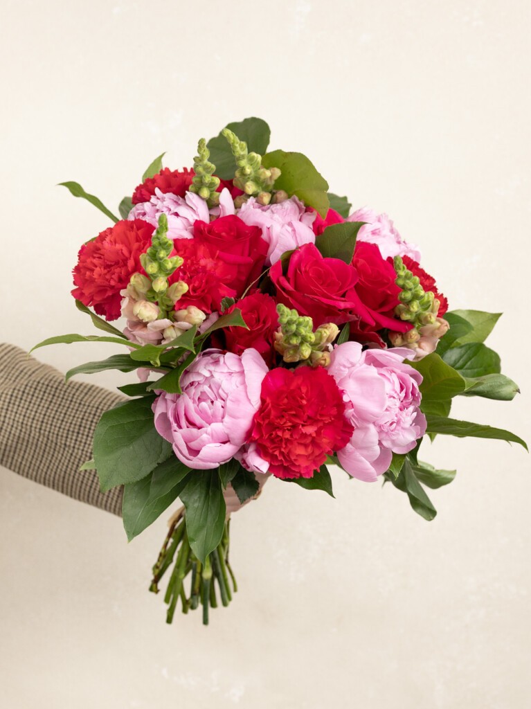 A hand-held bouquet of 26 stems featuring bold red and pink florals, including velvety roses, fluffy peonies, and vivid carnations, accented by creamy snapdragons and fresh greenery for a romantic and festive statement.